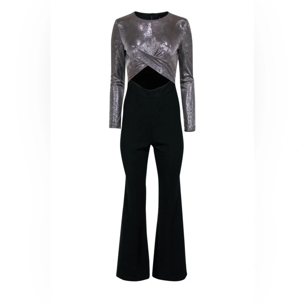 Black Halo Angie Flared Leg Jumpsuit Cutout Metallic Silver Bodice Romper 12 - Picture 16 of 17